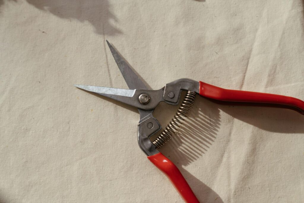 Detailed view of pruning shears on fabric surface, ideal for gardening projects.